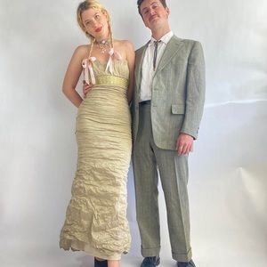 Strapless Nicole Miller crinkle gown in gold